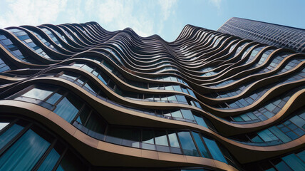 Modern tall building with wavy futuristic design, low angle view of abstract curve lines and sky....
