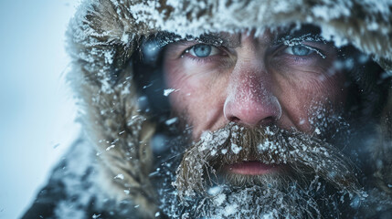 Portrait of man climber during storm, bearded hiker with snow and ice on face in winter. Concept of cold, eyes, sport, climbing, frozen people, nature and frost.