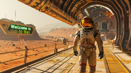 Astronaut walks in spaceport with Welcome sign on Mars, spaceman goes in futuristic hallway overlooking Martian landscape. Concept of sci-fi, science, space travel, future