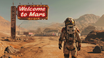 Astronaut walks down road to Mars colony, scenery of mountain and Welcome sign, spaceman goes overlooking Martian landscape. Concept of planet, science, space travel, mission, future