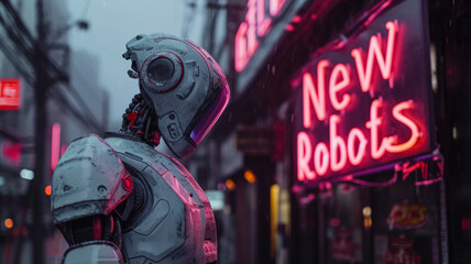 Sad old robot looks at neon store sign of New Robots on cyberpunk city street, futuristic town with red and blue light. Concept of dystopia, technology, cyborg and future - obrazy, fototapety, plakaty