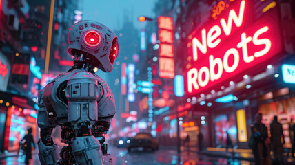 Sad AI robot looks at neon store sign of New Robots on cyberpunk city street, futuristic town with red and blue light. Concept of dystopia, technology, industry and future