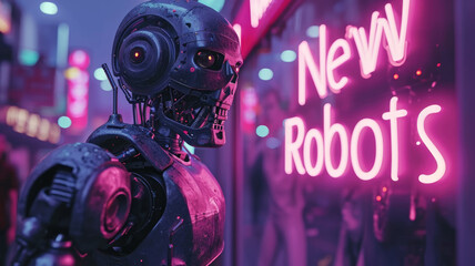 Old angry robot looks at neon sign of New Robots on cyberpunk city street in rain, futuristic town with purple light. Concept of technology, upgrade, industry and future