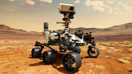 Space rover on red planet like Mars, futuristic vehicle on deserted sandy surface. Alien landscape with working wheeled robot. Concept of sci-fi, technology, science, exploration,