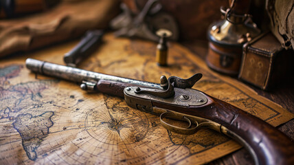 Old World map and vintage gun on wooden table, still life of antique pirate instruments. Background for journey theme. Concept of history, discovery, retro, treasure and wallpaper