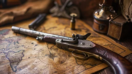 Rolgordijnen Schip Old World map and vintage gun on wooden table, still life of antique pirate instruments. Background for journey theme. Concept of history, discovery, retro, treasure and wallpaper