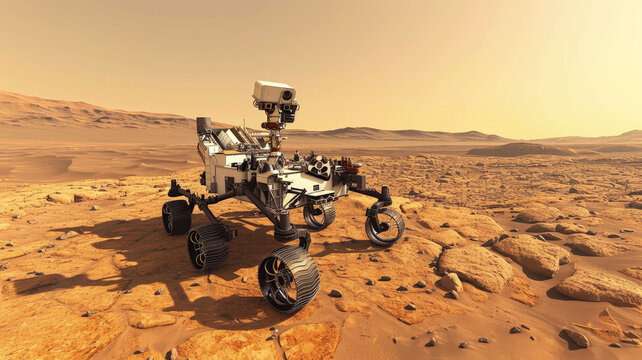 Space rover on planet like Mars, futuristic vehicle on deserted red sandy surface. Alien landscape with working wheeled robot. Concept of sci-fi, technology, science, future