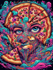 Psychedelic Mescaline Journey - Close-up illustration of a fox and a pizza in a vivid and surreal trip Gen AI - obrazy, fototapety, plakaty