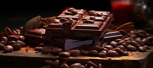 Scattered dark chocolate pieces and cocoa beans on culinary background, close up shot - obrazy, fototapety, plakaty