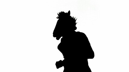 Black silhouette of man in business suit with horse head mask on white isolated studio background....