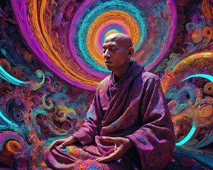 Psychedelic Trip - Close-up illustration of a monk and an angel in a vivid, surreal mescaline-induced journey with energetic and bold color contrasts and pulsating neon tones Gen AI - obrazy, fototapety, plakaty