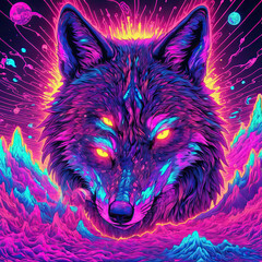 Psychedelic Animal Encounter - Close-up of a Wolf and Fox in a Vivid Mescaline-induced Trip Gen AI - obrazy, fototapety, plakaty