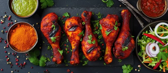 Fototapeten Tandoori chicken legs with chutneys, salad and spices served on spoons. © AkuAku