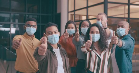 Business people, face mask and thumbs up for success, good job or teamwork together at office. Group of employees in diversity with like emoji, yes sign or OK in approval for agreement at workplace - Powered by Adobe