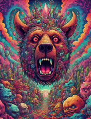 Psychedelic Mescaline Journey - Close-up of a stoner, bear, and demon in a vivid, chaotic, and distorted illustration Gen AI - obrazy, fototapety, plakaty