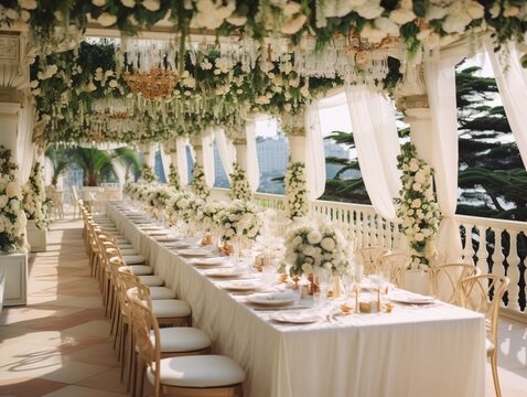 Beautiful wedding decor dining table under white pergola wallpaper