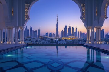 Naklejka premium Large Swimming Pool With City Skyline View