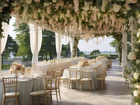 Beautiful wedding decor dining table under white pergola picture