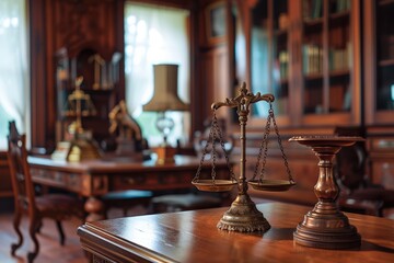 Wooden Table With Scale of Justice - obrazy, fototapety, plakaty