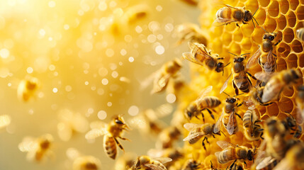 Cute swarm of bees working at bee gold honeycomb background