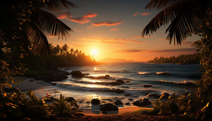 Sunset over the tropical coastline, nature beauty reflected in water generated by AI