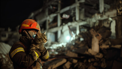 A rescue worker holds a cat the only survivor of a terrible earthquake, the scene is dark with collapsed buildings in the background.