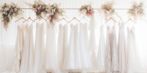 In a boutique, elegant white wedding dresses hang beside floral arrangements, embodying beauty and romance.