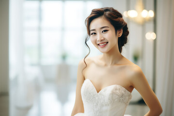 Fototapeta premium A gorgeous Asian bride in an elegant white wedding dress exudes sensuality and romance.