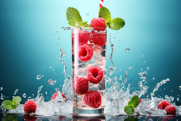 Transparent glass with refreshing drink detox infused water with raspberry and mint, Isolated...