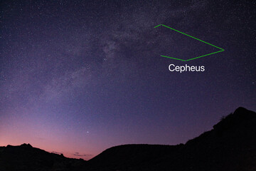 Cepheus is a constellation in the far northern sky, it  one of the 88 constellations in the modern times.  December, winter night sky after sunset on Oahu island, Hawaii. Stargazing, Milky Way. 