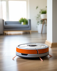 Modern grey robot vacuum cleaner on floor in living room in bright interior for daily dry cleaning of house