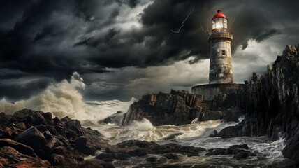 A solitary lighthouse standing tall against a backdrop of rolling waves and dramatic clouds -Generative Ai - obrazy, fototapety, plakaty