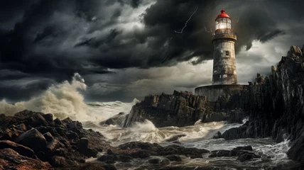Foto op Plexiglas A solitary lighthouse standing tall against a backdrop of rolling waves and dramatic clouds -Generative Ai © Online Jack Oliver