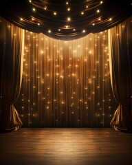 Empty theatrical stage in elegance with rich gold velvet curtains and accentuated by spotlights and small lights, background for presentation new product and montage - obrazy, fototapety, plakaty