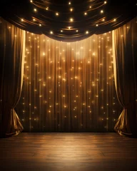 Foto auf Alu-Dibond Empty theatrical stage in elegance with rich gold velvet curtains and accentuated by spotlights and small lights, background for presentation new product and montage © Balica
