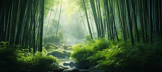 Serene and vibrant bamboo forest habitat in a lush tropical woodland environment