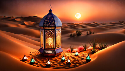 Cinematic close-up desert image of big decorated luminous Ramadan lantern with colorful lamps flowers and desert plants - Powered by Adobe