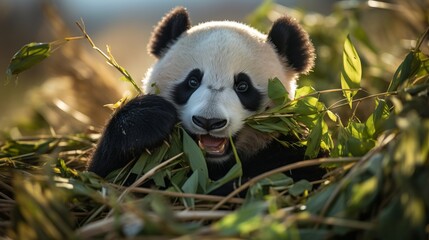 Cute panda bear savoring and munching on fresh green bamboo in natural habitat