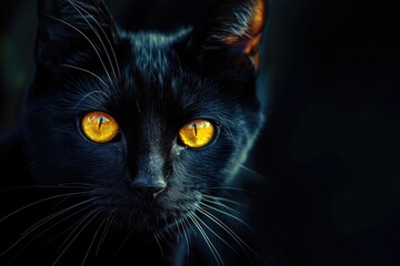 A close-up of a black cat with glowing yellow eyes against a dark background