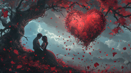 Amidst the vibrant red hues of a tree's autumn leaves, a couple find solace in each other's company, captured forever in a beautifully painted anime scene