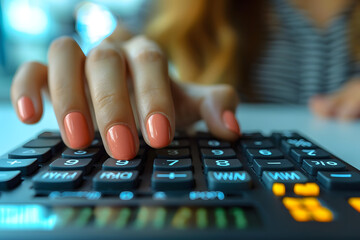 close up on finger hand press on calculator for computing,working woman concept - obrazy, fototapety, plakaty