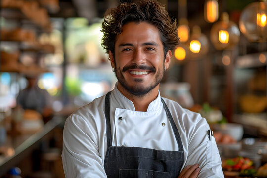 Smiling young Hispanic chef standing in the kitchen of a luxury restaurant, space for text
