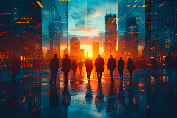 business successful people double exposure with highrise modern city office building business people standing together success agreement and working together