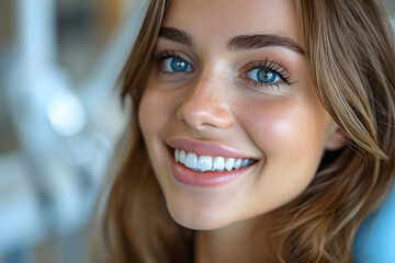 Image of pretty woman sitting in dental chair while professional doctor fixing her teeth - obrazy, fototapety, plakaty