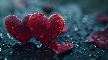 Amidst a gentle rain, a vibrant cluster of red hearts adorned with glistening water droplets stands tall, symbolizing the enduring love and passion of valentine's day in an outdoor setting of bloomin