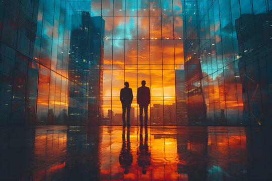 business successful people double exposure with highrise modern city office building business people standing together success agreement and working together
