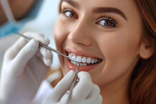 Image of pretty woman sitting in dental chair while professional doctor fixing her teeth