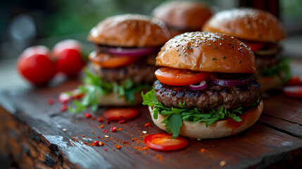 A mouth-watering array of american fast food favorites, including juicy hamburgers, crispy chicken sandwiches, and savory salmon burgers, displayed on a rustic wooden table with sesame buns and fresh