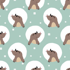 Cartoon moles seamless pattern. Polka dot vector illustration. Baby print