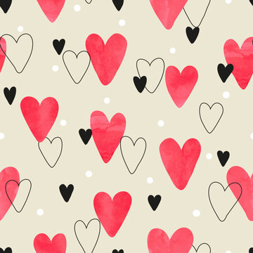 Red watercolor hearts pattern. Valentines Day seamless background